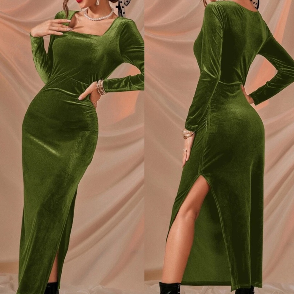 Velvet square neck split thigh maxi dress - Picture 2 of 7